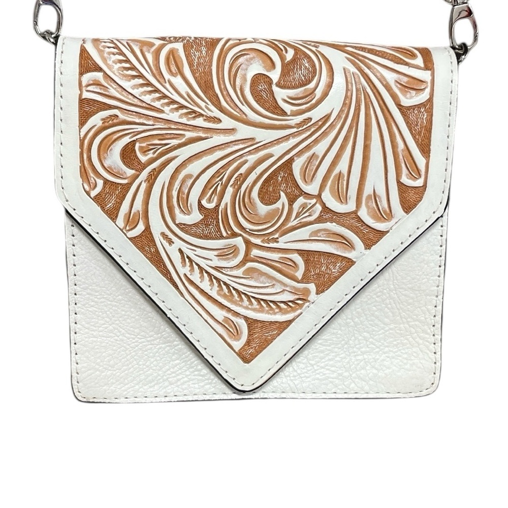Alejandro Yeo Purse Mexican Tooled Leather White and Tan Crossbody Bag